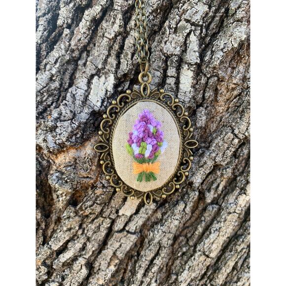 Lavender Bouquet Flower Embroidery Necklace, Handmade Pendant - Picture 7 of 7